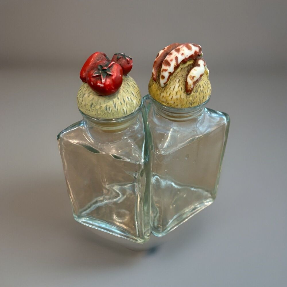 Vintage Shonfelds Style Glass Spice Jars Resin Vegetable Cork Lids Duo Set 2